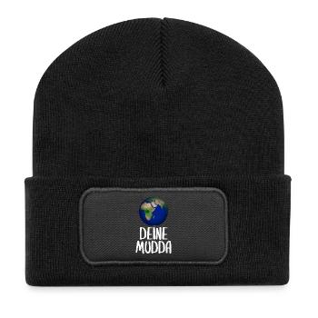 Weltkugel Schriftkunst Motiv - Recycelte Patch Beanie - Schwarz - Vorne
