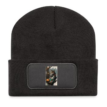 Katze verkleidet Halloween - Recycelte Patch Beanie - Dunkelgrau - Vorne