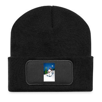 Illustration d’un joyeux bonhomme de neige sur des skis - Beanie recyclé à patch - noir - Devant