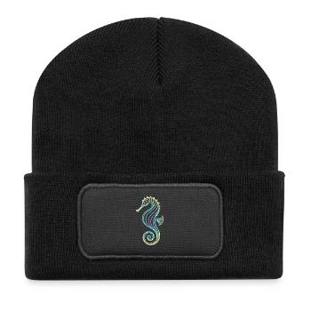 Seepferdchen Farbverlauf Blau Gelb Tribal Grün - Recycelte Patch Beanie - Schwarz - Vorne