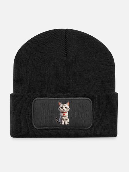 Chat de dessin animé / chat de dessin animé - Beanie recyclé à patch - noir