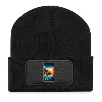 Corfu Greece landscape travel design - Recycled Patch Beanie - black - Front