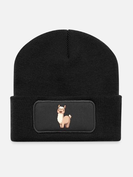 Cute Happy Smiling Alpaca - Adorable Cartoon - Recycled Patch Beanie - black