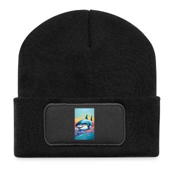 Hai | Weißer Hai | Meerestier | Fisch - Recycelte Patch Beanie - Schwarz - Vorne