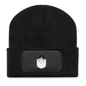 Cat Pocket jette un coup d’œil à un chat mignon dans la poche - Beanie recyclé à patch - noir - Devant