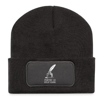 La poésie comme plume de soin de soi - Beanie recyclé à patch - charbon - Devant
