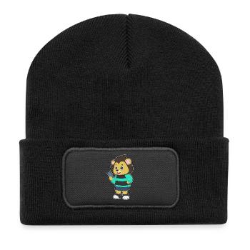 Löwe Smartphone - Recycelte Patch Beanie - Schwarz - Vorne