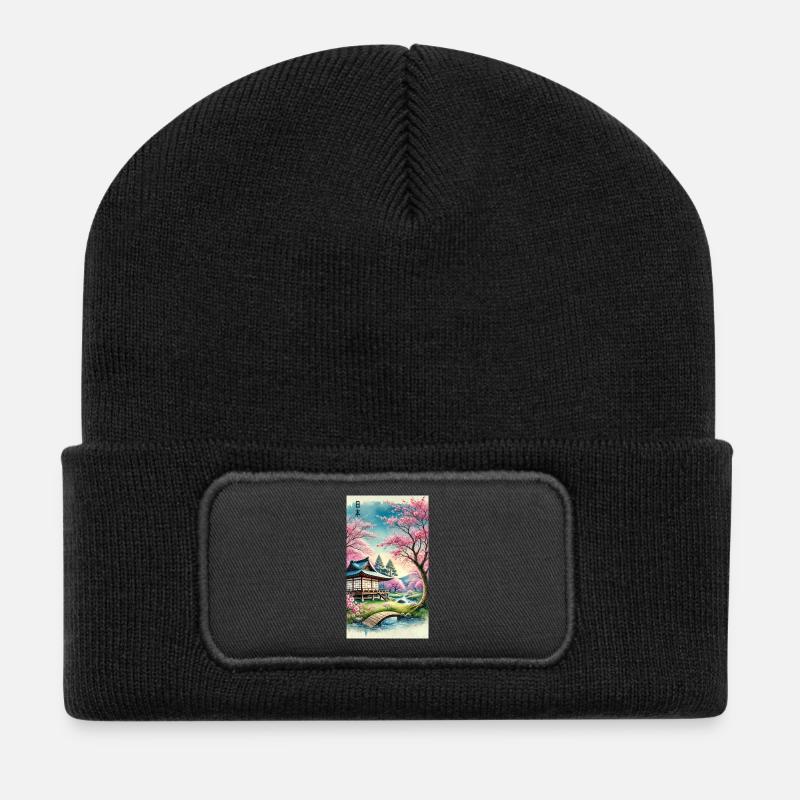 Japan Kirchenblüten Otaku Design - Recycelte Patch Beanie - Schwarz