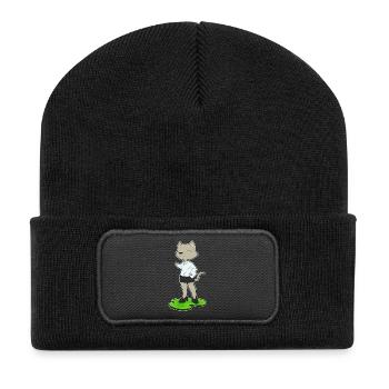 Katze Sekretärin Papier Büro - Recycelte Patch Beanie - Schwarz - Vorne