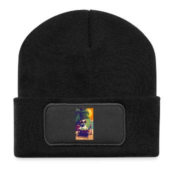 Chien au coucher du soleil sur une chaise longue de plage - Beanie recyclé à patch - noir - Devant