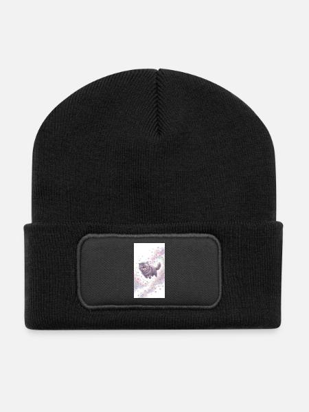 Weltraumkatze im Blumenzauber - Recycelte Patch Beanie - Schwarz
