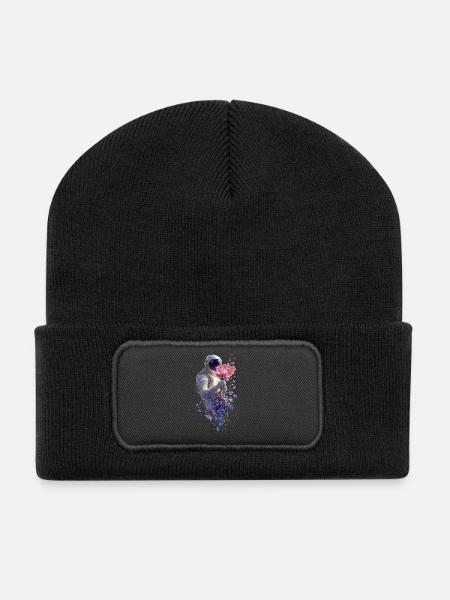 Kosmische Astronautin und Orchidee - Recycelte Patch Beanie - Schwarz