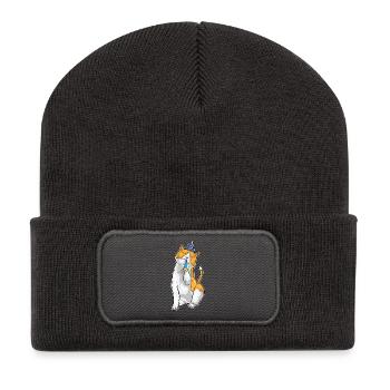 Cat Birthday Horn - Recycled Patch Beanie - dark grey - Front