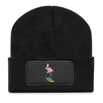 Été de surf sur planche de surf au flamant rose - Beanie recyclé à patch - noir - Devant