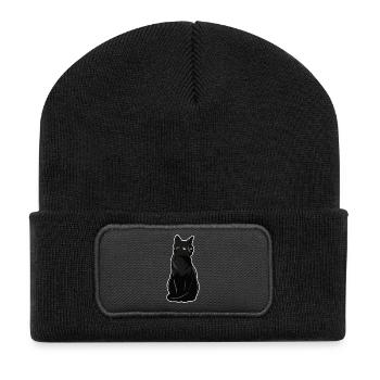 Black Cat Sitting Yellow Eyes Elegant Portrait - Recycled Patch Beanie - black - Front