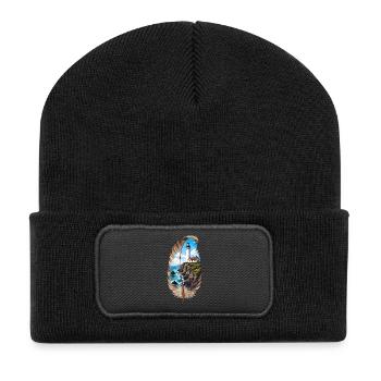 Feder mit Leuchtturm Ostsee Nordsee Meer Küste  - Recycelte Patch Beanie - Schwarz - Vorne