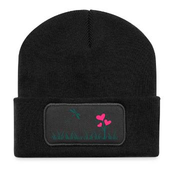 Herzblumen Wiese - Recycelte Patch Beanie - Schwarz - Vorne