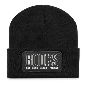 Bücherleben Rituale: Essen Lesen Schlafen - Recycelte Patch Beanie - Schwarz - Vorne