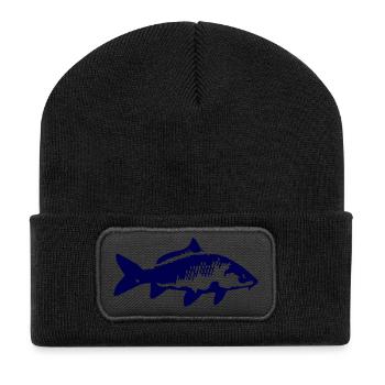 Karpfen Silhouette in Tiefblau - Recycelte Patch Beanie - Schwarz - Vorne