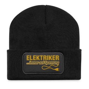 Elektriker ...immer auf Spannung – Spruch | Gelb - Recycelte Patch Beanie - Schwarz - Vorne