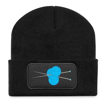 Three balls of blue wool with two knit - Recycled Patch Beanie - black - Front