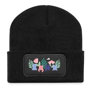 Whimsical Cat Garden Illustration - Recycled Patch Beanie - black - Front