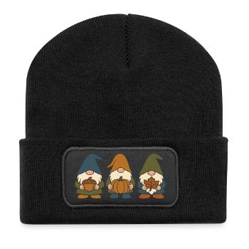 Drei Gartenzwerg-Wichtel Motiv für den Herbst - Recycelte Patch Beanie - Schwarz - Vorne