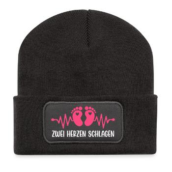 Werdende Mutter ZWEI HERZEN SCHLAGEN Lustig - Recycelte Patch Beanie - Dunkelgrau - Vorne