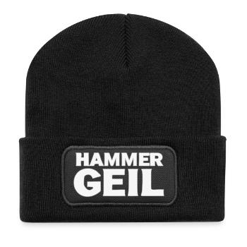 HAMMER GEIL – Handgezeichnetes Werkstatt-Design  - Recycelte Patch Beanie - Schwarz - Vorne