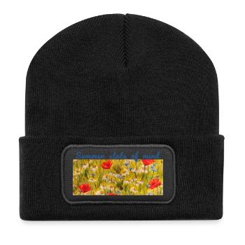 Sommer-Zustand des Geistes-Wildblumen-Meadow-Panoramas - Recycelte Patch Beanie - Schwarz - Vorne