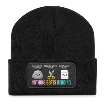 Nothing Beats Reading Book Rock Paper Scissor - Recycled Patch Beanie - black - Front
