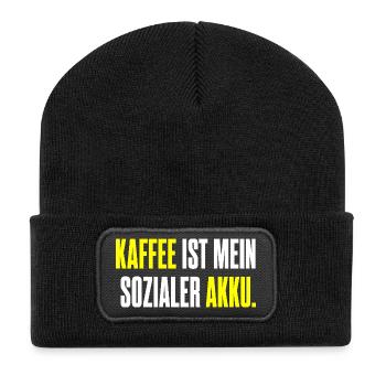 Kaffee ist mein sozialer Akku – Edition 2 - Recycelte Patch Beanie - Schwarz - Vorne