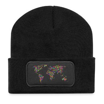 Regenbogenfarbene Weltkarte aus Punkten - Recycelte Patch Beanie - Schwarz - Vorne