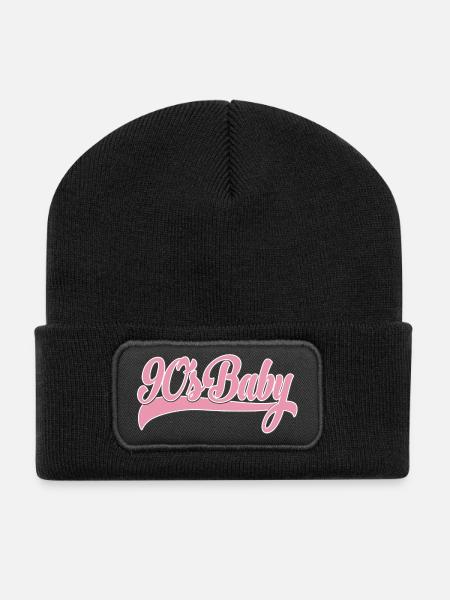 90s Baby Pink Retro Script - Recycled Patch Beanie - black