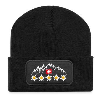 Schweiz, Berge, Gletscher, Urlaub - Recycelte Patch Beanie - Schwarz - Vorne