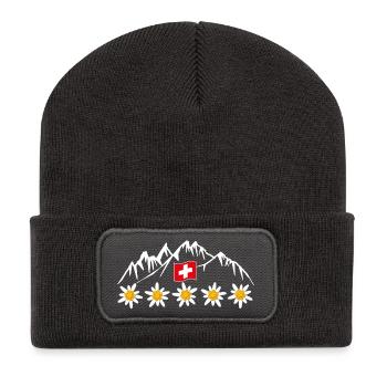 Schweiz, Berge, Gletscher, Urlaub - Recycelte Patch Beanie - Dunkelgrau - Vorne