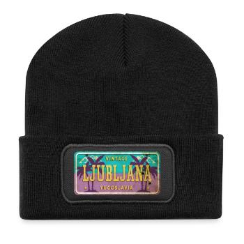 Ljubljana Jugoslawien Vintage Schild - Recycelte Patch Beanie - Schwarz - Vorne
