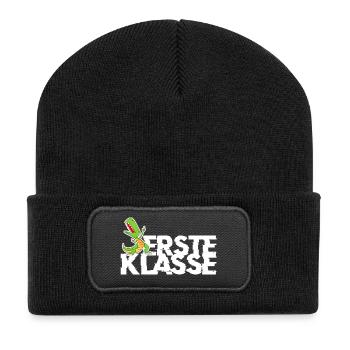Einschulung Erstklässler T Rex Erste Klasse Dino - Recycelte Patch Beanie - Schwarz - Vorne