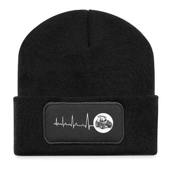 Herzschlag mit Kreis Traktor weiss - Recycelte Patch Beanie - Schwarz - Vorne