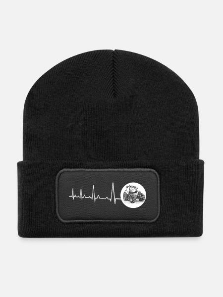 Herzschlag mit Kreis Traktor weiss - Recycelte Patch Beanie - Schwarz