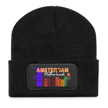 Amsterdamer Skyline-Tulpengradient - Recycelte Patch Beanie - Schwarz - Vorne