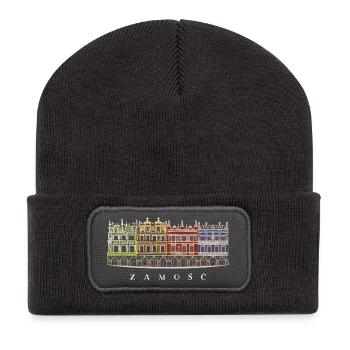 Zamosc en Pologne, façades sur le marché, dessin à la main - Beanie recyclé à patch - charbon - Devant