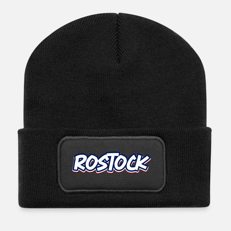 Rostock Schriftzug in blau weiss rot - Recycelte Patch Beanie - Schwarz