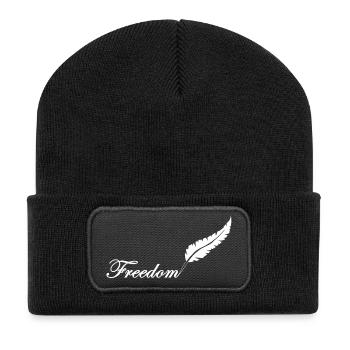 Weiße Feder und Freiheit - Recycelte Patch Beanie - Schwarz - Vorne