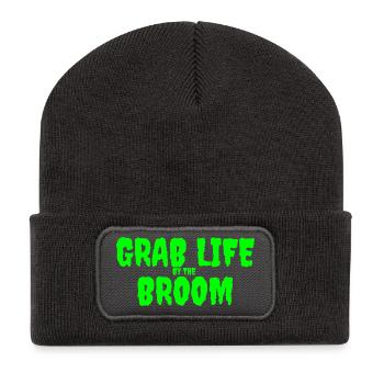Grab Life by the Broom Design graphique - Beanie recyclé à patch - charbon - Devant