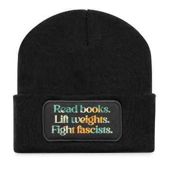 Read books. Lift weights. Fight fascists. - Recycled Patch Beanie - black - Front