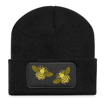 Zwei goldene Bienen - Recycelte Patch Beanie - Schwarz - Vorne