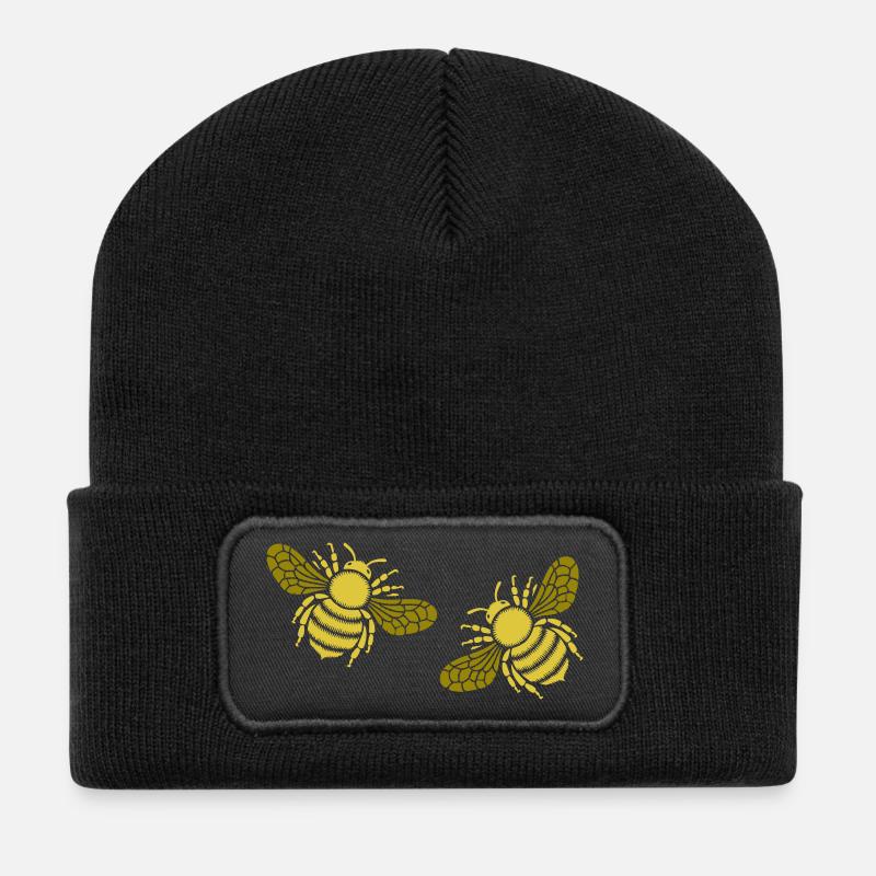 Zwei goldene Bienen - Recycelte Patch Beanie - Schwarz