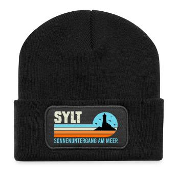 Nordsee Urlaub SONNENUNTERGANG AM MEER Lustig - Recycelte Patch Beanie - Schwarz - Vorne