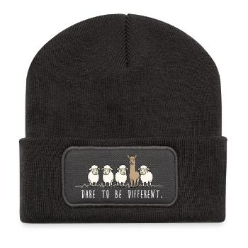 Dare to Be Different – Alpaka & Schafe Spruch - Recycelte Patch Beanie - Dunkelgrau - Vorne